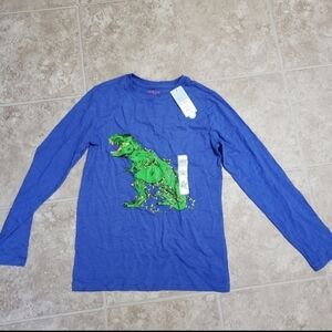 NWT Cat & Jack Blue Long Sleeve Tshirt Christmas T-Rex Dinosaur Boys Large 12-14